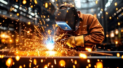 A welder in a factory setting, sparks flying as he welds metal.  The scene is dramatic with bright light and a blurred background