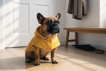French Bulldog in a yellow raincoat sitting wet in a bright Nordic-style hallway