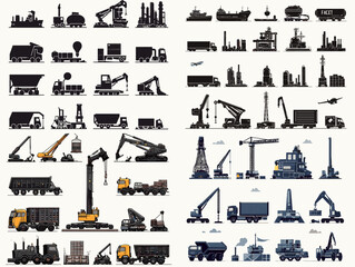 Obraz premium Industrial Machinery Collection: A comprehensive illustration showcasing various industrial machinery, equipment, and vehicles essential to industry.