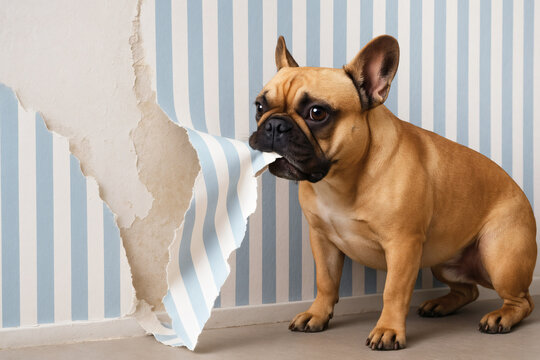 French Bulldog Ripping Wallpaper Due to Separation Anxiety in Home Interior