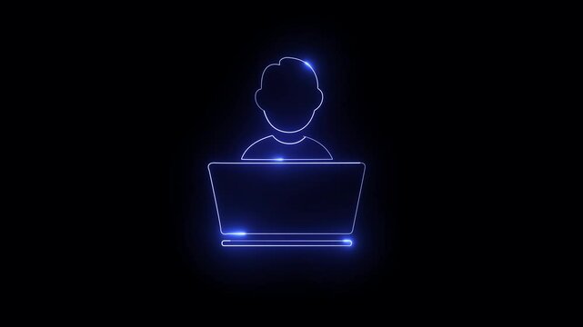 neon light man working on laptop symbol, Pictogram man sits at a table and working at laptop motion business, businessman chat communication computer developer digital employee flat freelance
