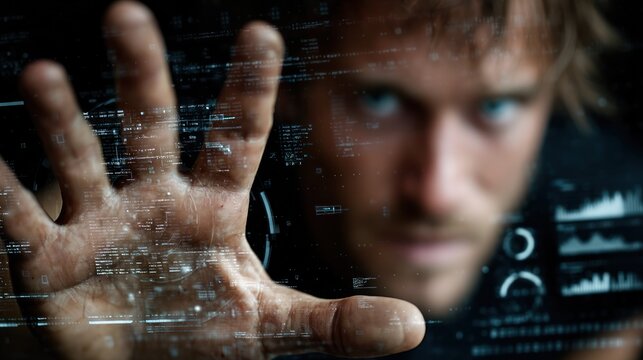 Man with outstretched hand and digital interface overlay with data and charts.