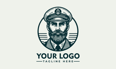 Bearded male ship captain illustrated in vintage emblem portrait with maritime uniform. Transportation concept

