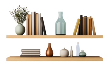 Two wooden shelves with books and decorative vases against a black background in a studio setting on transparent background