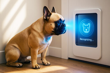 French Bulldog Undergoes Facial Recognition Scan at Smart Pet Door with Blue Sensor Light