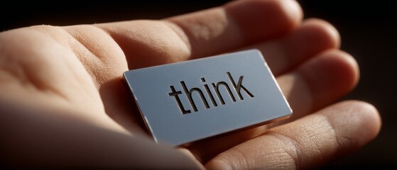 An engraved metal plaque held in a hand reads "think," inviting introspection and mindfulness in a moment of quiet reflection.