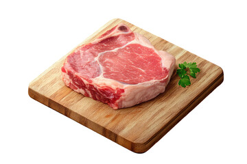 A raw ribeye steak on a wooden cutting board with a sprig of parsley next to the meat on the board on transparent background