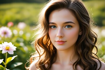 Naklejka premium Beautiful woman in the flower-filled garden