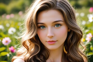 Naklejka premium Beautiful woman in the flower-filled garden