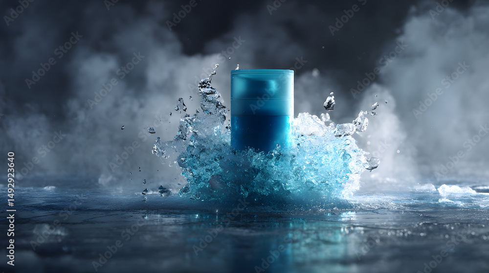 Poster frozen cube: a serene image of a block of ice, standing alone amidst splashes of water and misty clo