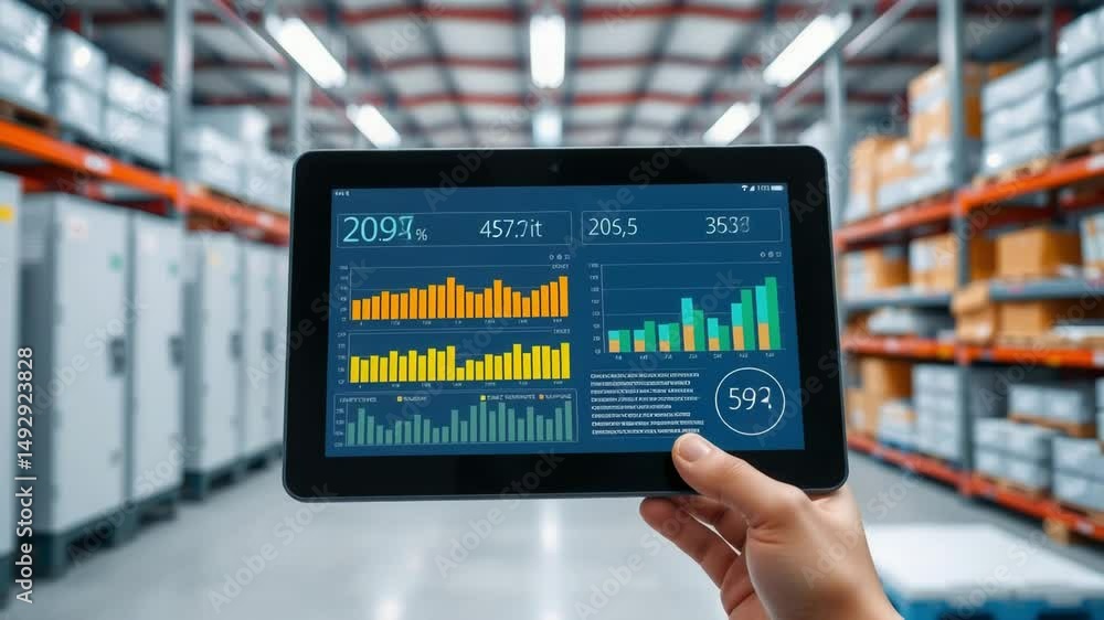 Poster cold storage warehouse technology with digital tablet showing data analytics in modern warehouse env