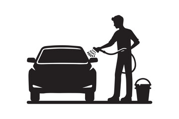Man washing a car silhouette vector on white background. Car service logo