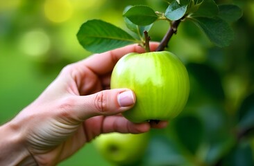 Closeup of  hand as person pics fresh apples from the apple tree. Apple garden.  Harvest.  Summertime.  Fall Harvest