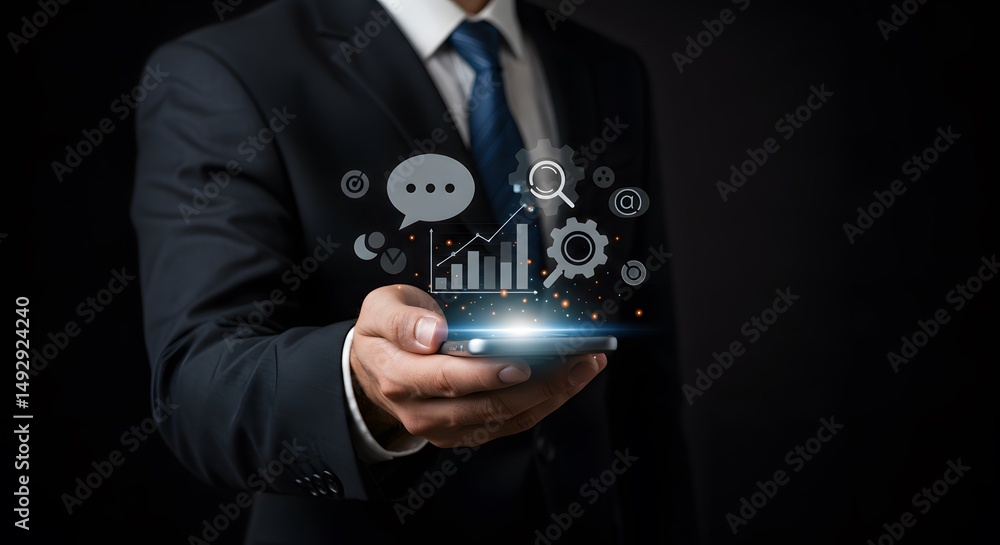 Poster a man holding a smartphone displaying business analytics and communication icons data-driven decisio