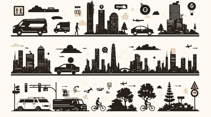 Obraz premium Urban Silhouette Symphony: Captivating cityscape silhouettes dance across a pale backdrop, a visual poem of urban life. Featuring buildings, vehicles, and greenery.
