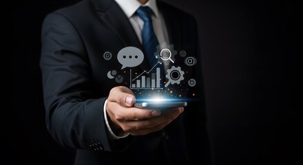 A Man Holding a Smartphone Displaying Business Analytics and Communication Icons Data-Driven Decision Making in the Modern Business World