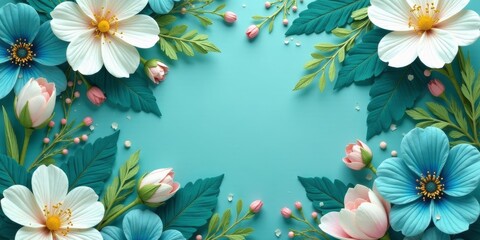 A vibrant arrangement of papercrafted blossoms and foliage, forming a delightful frame on a tranquil teal backdrop
