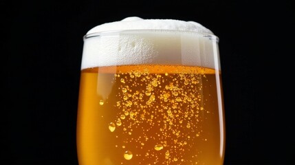 Close-up view of a refreshing golden beverage in a glass, featuring a thick head of foam and countless effervescent bubbles rising to the surface against a dark background.