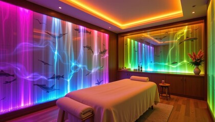 a spa treatment room where liquid light wall features emit calming waves of color promoting relaxation