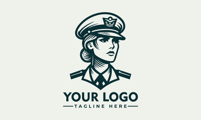 Bearded female ship captain illustrated in vintage emblem portrait with maritime uniform. Transportation concept
