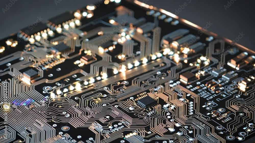 Poster a close-up of an illuminated circuit board, showcasing intricate golden lines and components glowing
