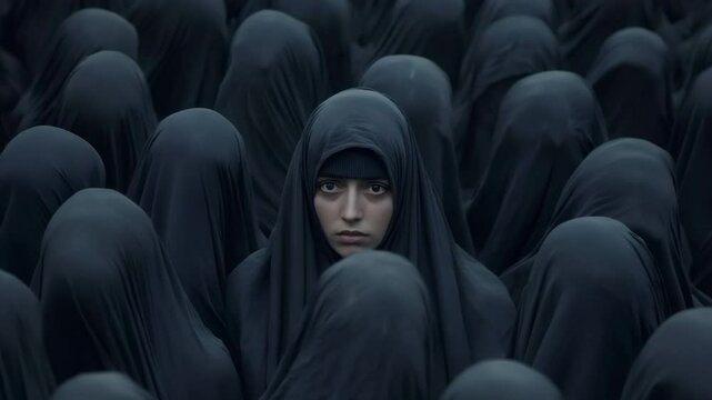 Woman in black hijab surrounded by veiled figures, standing out in a crowd, symbolizing identity and individuality.