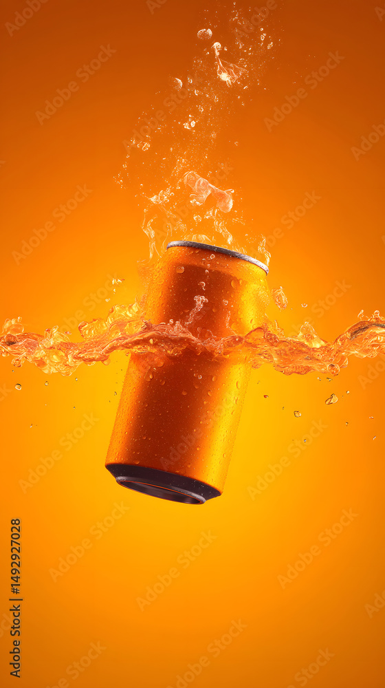 Poster refreshing immerse: a beverage can submerged in a vibrant liquid creating an inviting experience.