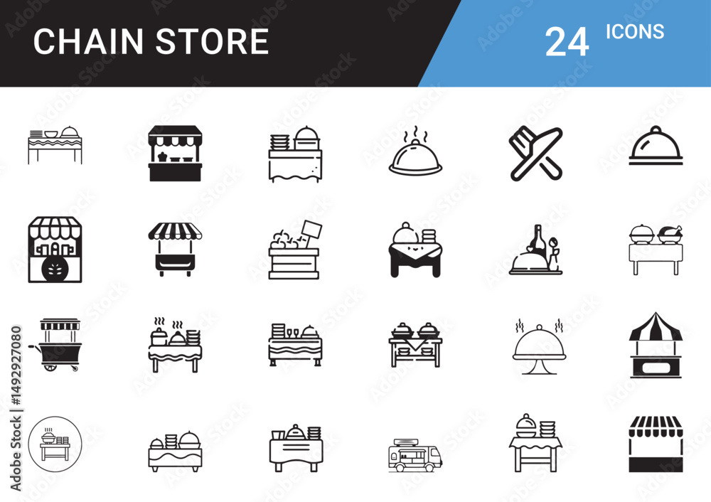 Poster chain store icons: a comprehensive collection of 24 detailed icons representing various aspects of a