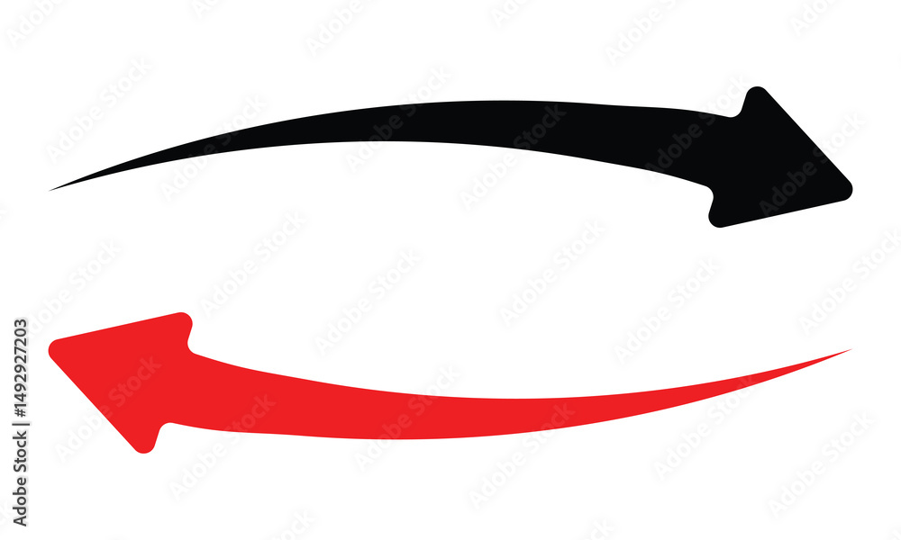 Poster single headed red and black curve arrow icon set. curved thin long single headed arrow. single sided