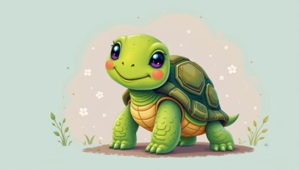 smiling turtle in playful pose charming character art for storybook illustrations and kids decor clean minimalist style pastel background