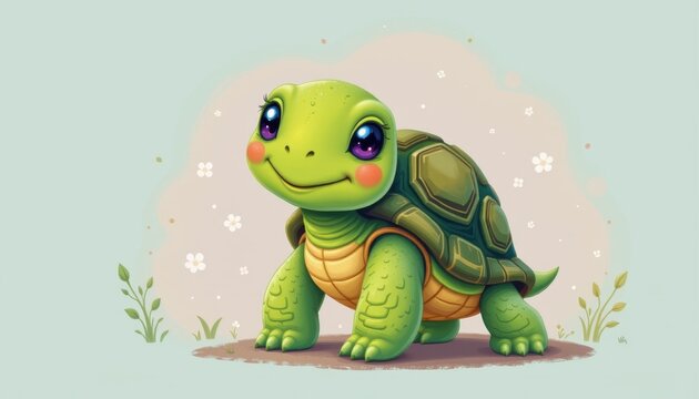 smiling turtle in playful pose charming character art for storybook illustrations and kids decor clean minimalist style pastel background