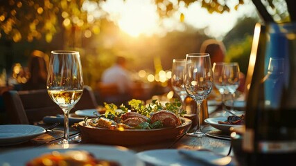 Festive outdoor banquet with wine glasses and dishes at sunset gathering during autumn
