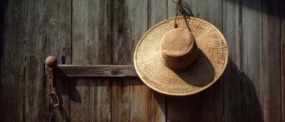 A straw hat leans casually on rustic wood amidst dappled sunlight, evoking laid-back country vibes and timeless tranquility.