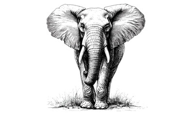 Elephant Standing Still, Hand-drawn Illustration, Old Engraving Style, Black Sketch Effect, Vintage Safari Art, Rustic Wildlife Print, Nature Wall Decor, jungle animal illustration