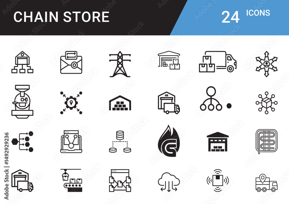 Poster chain store icons: a set of 24 meticulously designed icons representing various aspects of a chain s