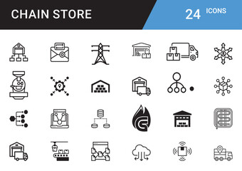 Chain Store Icons: A set of 24 meticulously designed icons representing various aspects of a chain store's operational ecosystem. conveying concepts like supply chain management, data transmission.