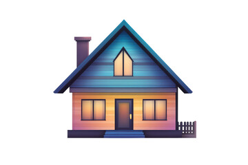 Illustration of a small house with a blue roof and lighted windows on a black background at night on transparent background
