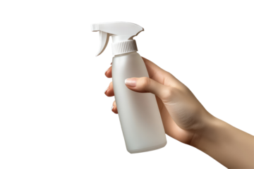 A hand holding a white spray bottle against a black background in a studio setting with soft lighting on transparent background