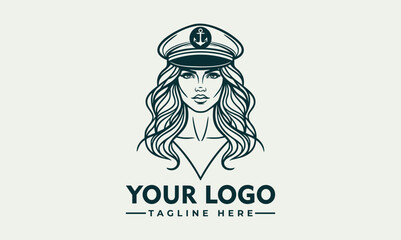 Bearded female ship captain illustrated in vintage emblem portrait with maritime uniform. Transportation concept
