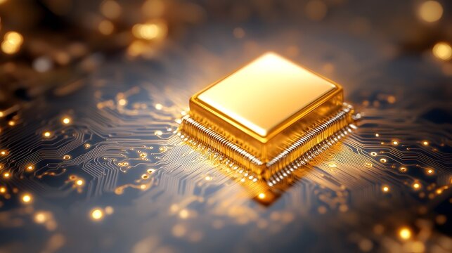 A gleaming gold central processing unit (CPU) rests on a dark circuit board, illuminated by warm, ambient light