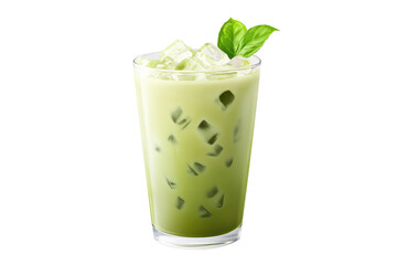 A glass of iced matcha latte with ice cubes and a green leaf garnish on a black background studio shot on transparent background