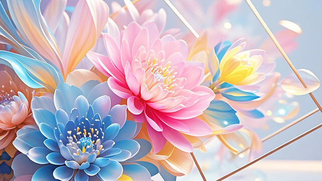 Fototapeta Pastel pink blue yellow flowers soft dreamy background