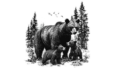 Rustic Wall Decor, Engraved Bear Cubs in Forest, Vintage Animal Illustration, Black Sketch Effect, Nature Art, Rustic Wildlife, Detailed Forest Scene, Nature Art Design, Black and White Engraving © Vintage Studio