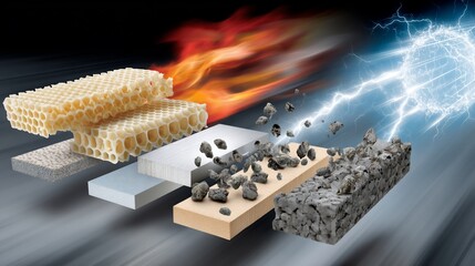 Advanced composite materials with high performance properties.  Layered structures, showcasing diverse material types, resisting extreme conditions, such as high heat and electrical discharge