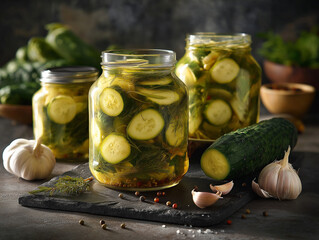 professional photo of jars with pickled cucumbers, 720 ml, according to the traditional recipe, without additives