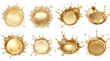 Golden Liquid Splash Collection on White Background Top View for Cosmetics or Drinks Advertising