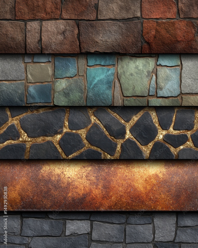 Poster stone and metal textures stacked vertically close up abstract background design element material