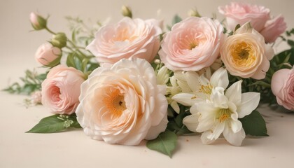 Delicate pastel roses, lilies, and ranunculus on a soft cream paper background ,  petals,  cream paper,  beautiful flowers