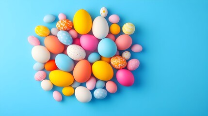 Obraz premium A vibrant cluster of pastel-colored eggs, varying in size and adorned with subtle patterns, rests on a bright blue background