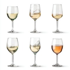 Assortment of wine glasses with white wine and rose wine on a white background studio shot still life